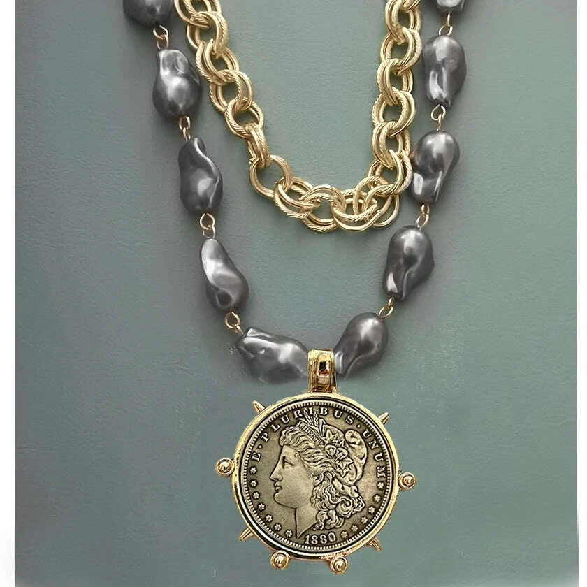 Choker Necklace - Coin Charm Pendant - Cubic Zirconia - Grey | KIMLUD