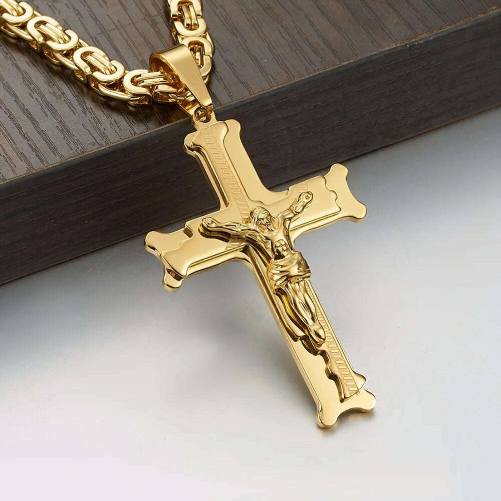 KIMLUD, Christian Jesus Cross Pendant Necklaces Thick Link Byzantine Chain Stainless Steel Men Necklace Jewelry Gift 18-30", KIMLUD Womens Clothes