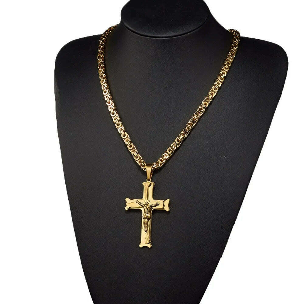 KIMLUD, Christian Jesus Cross Pendant Necklaces Thick Link Byzantine Chain Stainless Steel Men Necklace Jewelry Gift 18-30", KIMLUD Women's Clothes