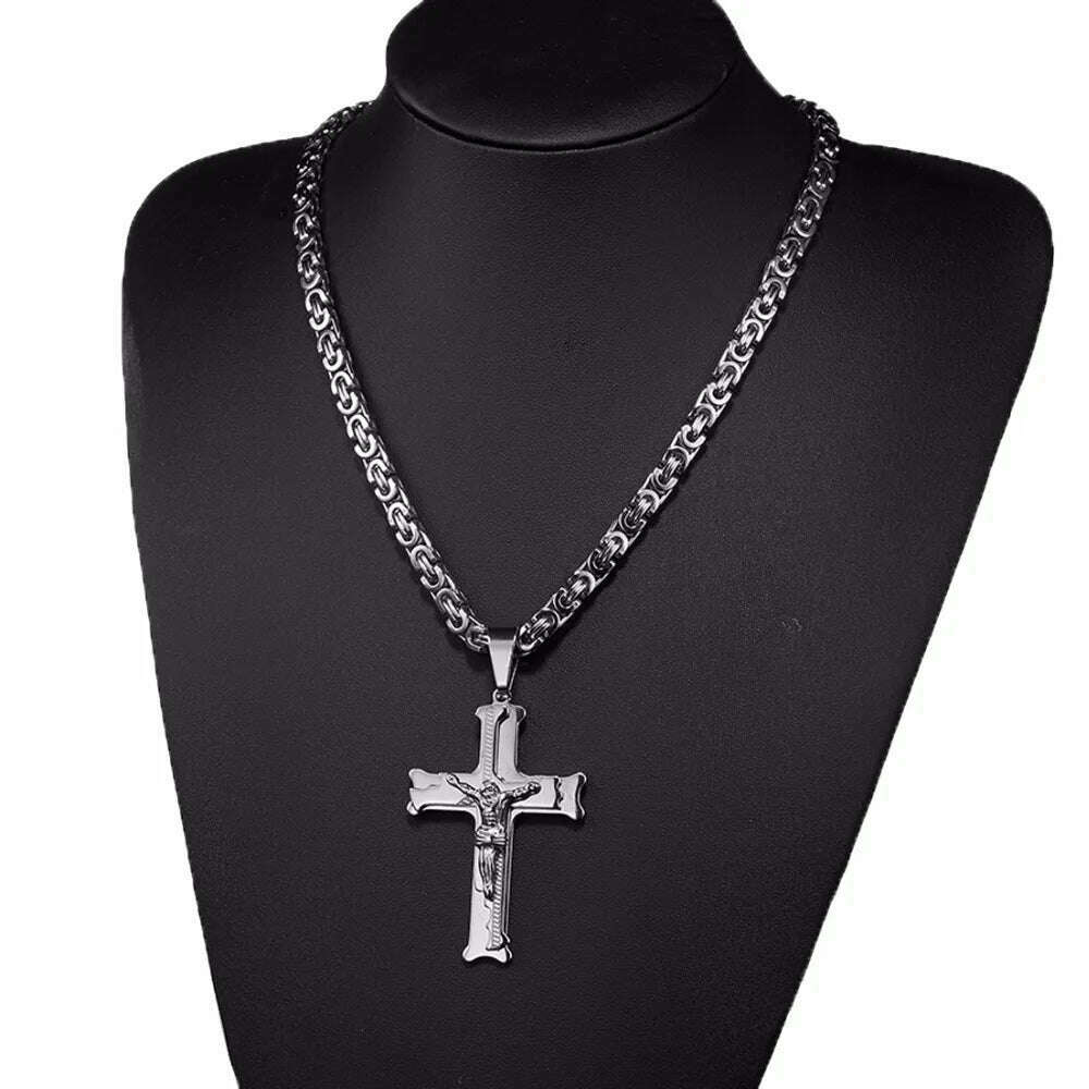 KIMLUD, Christian Jesus Cross Pendant Necklaces Thick Link Byzantine Chain Stainless Steel Men Necklace Jewelry Gift 18-30", KIMLUD Womens Clothes