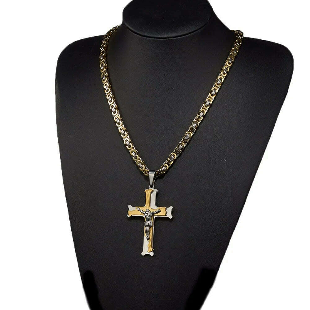 KIMLUD, Christian Jesus Cross Pendant Necklaces Thick Link Byzantine Chain Stainless Steel Men Necklace Jewelry Gift 18-30", KIMLUD Womens Clothes