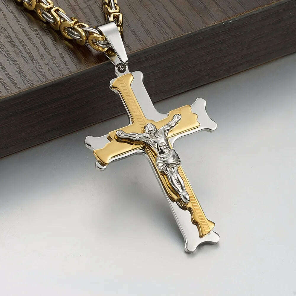 KIMLUD, Christian Jesus Cross Pendant Necklaces Thick Link Byzantine Chain Stainless Steel Men Necklace Jewelry Gift 18-30", KIMLUD Women's Clothes