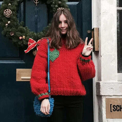 KIMLUD, Christmas Big Red Beautiful Nuo Pure Wool Pure Wool Handmade Knitted Coarse Wool Sweater Women's Long Sleeve Pullover Love Women, KIMLUD Womens Clothes