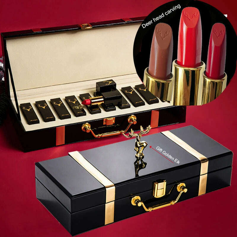 Christmas Lipstick Set Wooden Box Lip Gloss Collection Not Easy to Fade Moisturizing Nude Makeup Kit Birthday Gift 10 Pcs - KIMLUD