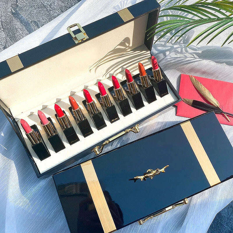 KIMLUD, Christmas Lipstick Set Wooden Box Lip Gloss Collection Not Easy to Fade Moisturizing Nude Makeup Kit Birthday Gift 10 Pcs, lipstick set / China, KIMLUD Women's Clothes