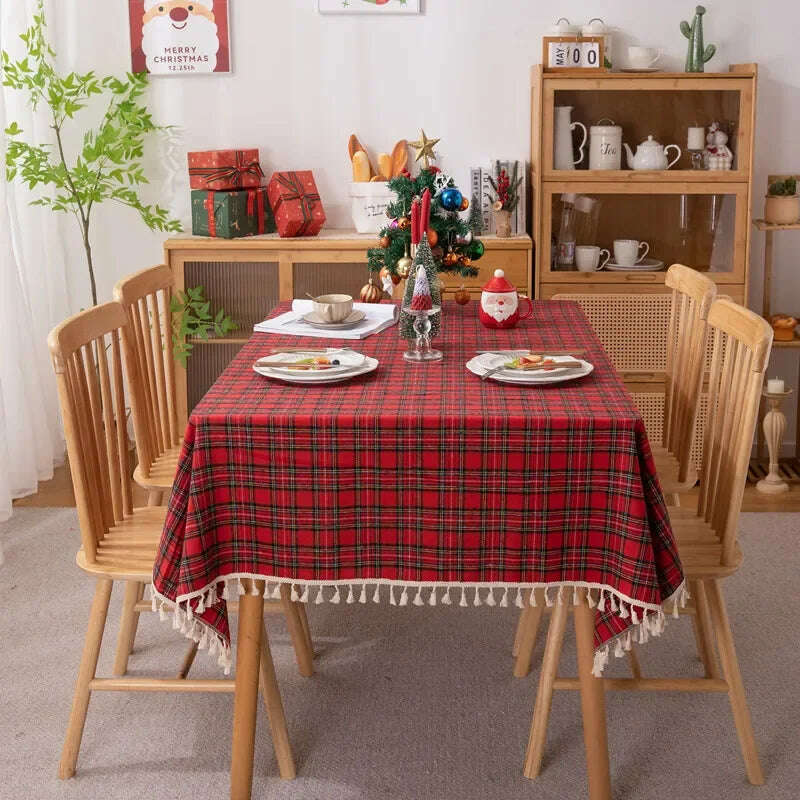 KIMLUD, Christmas Tablecloth Green Plaid 2024 New Year Table Cover  Family Gathering Restaurant Photo Atmosphere Party Home Decorations, tassel red plaid / 140X160CM, KIMLUD Womens Clothes
