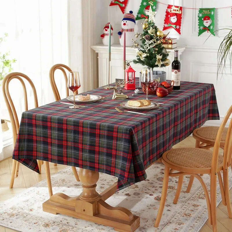 Christmas Tablecloth Green Plaid 2024 New Year Table Cover Family Gathering Restaurant Photo Atmosphere Party Home Decorations - KIMLUD