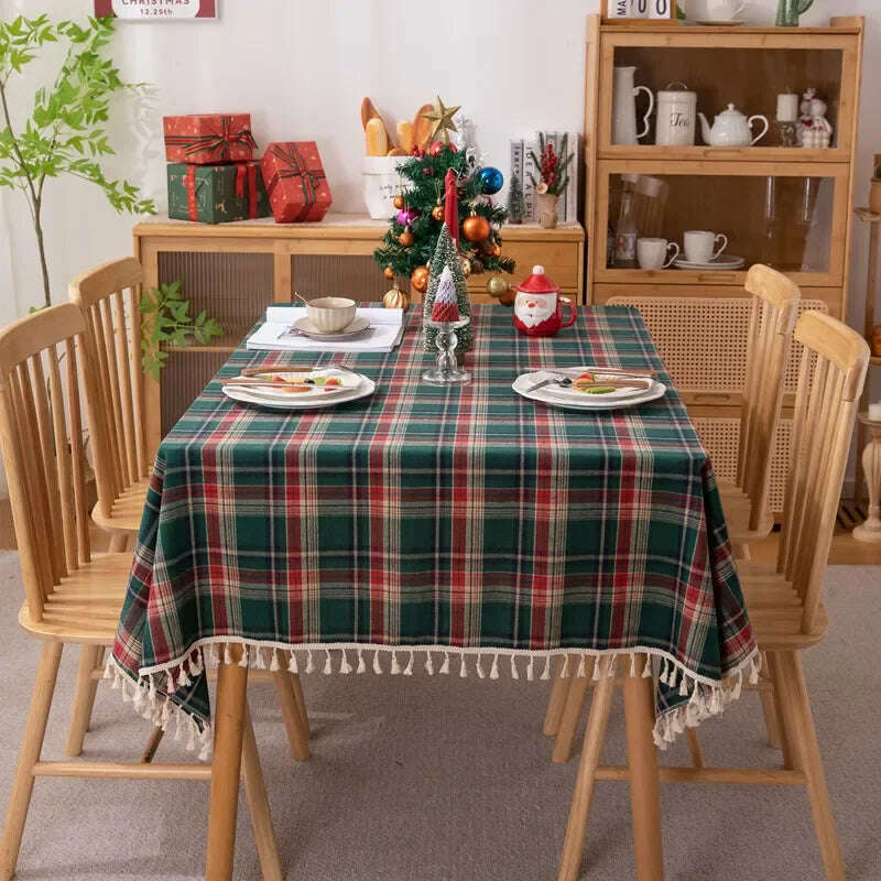 Christmas Tablecloth Green Plaid 2024 New Year Table Cover Family Gathering Restaurant Photo Atmosphere Party Home Decorations - KIMLUD