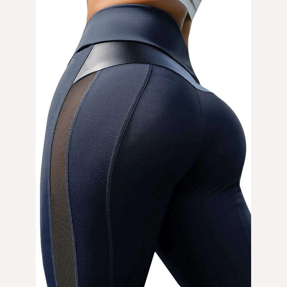 KIMLUD, CHRLEISURE High Waist Fitness Leggings Women for Legging Workout Women Mesh And PU Leather Patchwork Legging, KIMLUD Womens Clothes