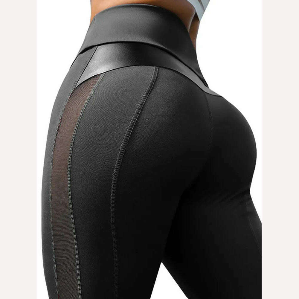 KIMLUD, CHRLEISURE High Waist Fitness Leggings Women for Legging Workout Women Mesh And PU Leather Patchwork Legging, Black / S / China, KIMLUD Womens Clothes
