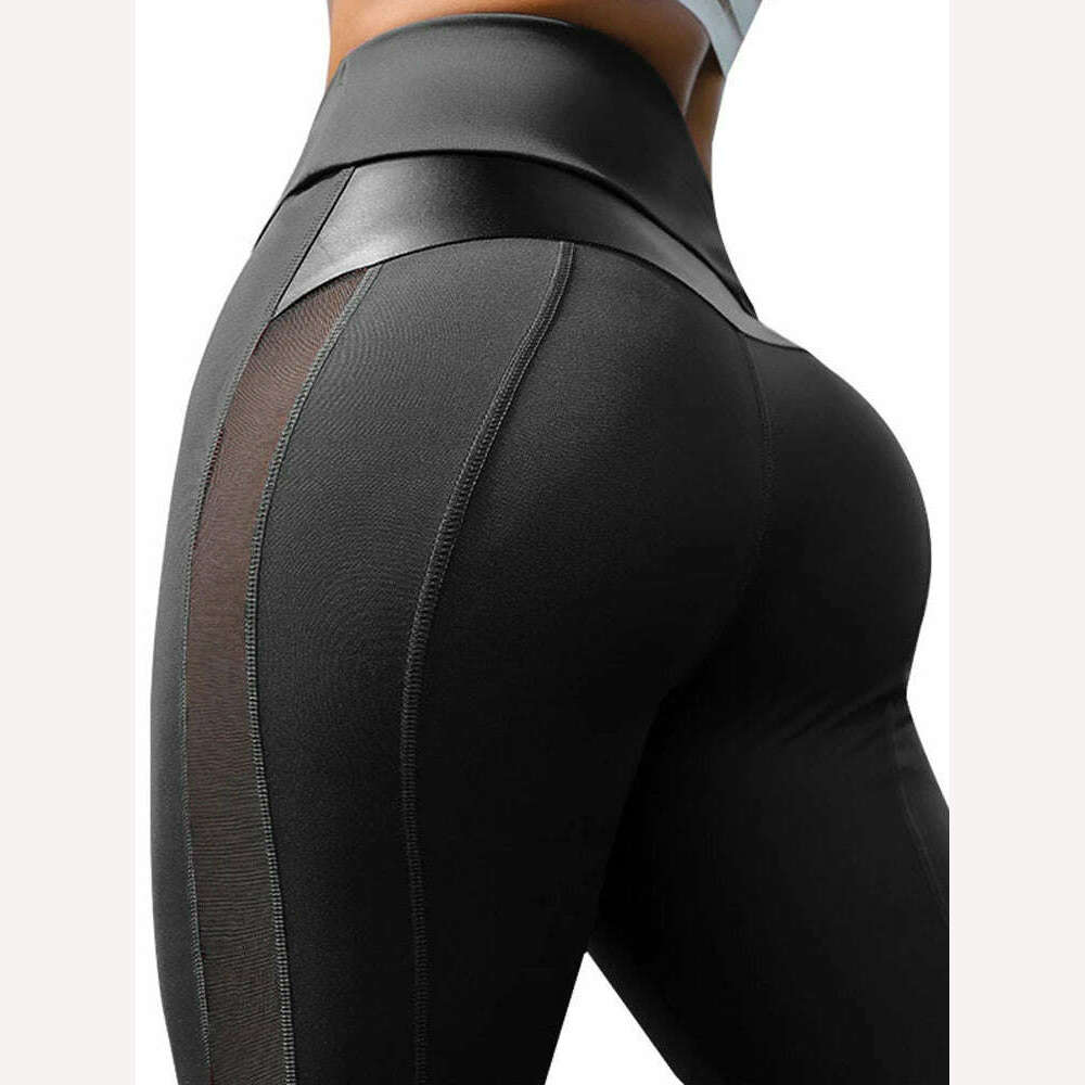 KIMLUD, CHRLEISURE High Waist Fitness Leggings Women for Legging Workout Women Mesh And PU Leather Patchwork Legging, KIMLUD Womens Clothes