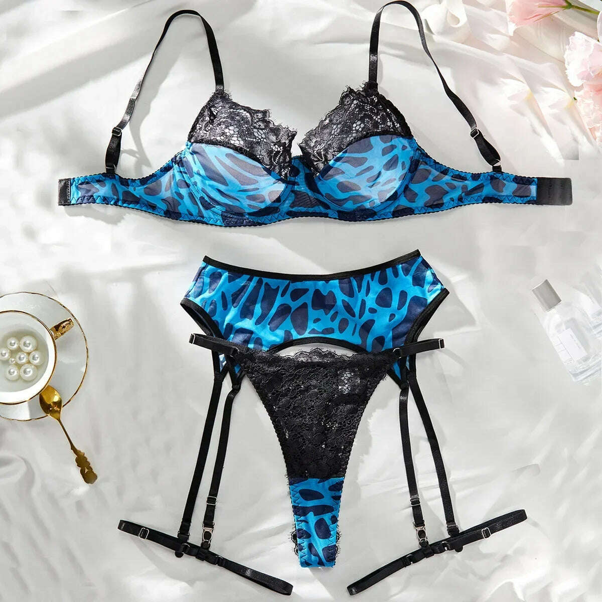 KIMLUD, CHUANGERM Lace Women Sexy Leopard Mesh Lingerie Suits Hollow Out Splicing Underwear Garter Sensual Sheer Erotic Four-Piece Sets, Black blue / L, KIMLUD APPAREL - Womens Clothes