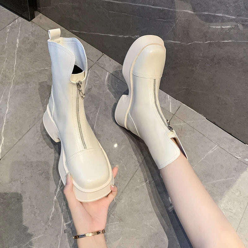 KIMLUD, Chunky Crystal Zipper Chelsea Boots Women Shoes 2023 New Winter Designer Fashion Ankle Boots Snow Punk Goth Gladiator Lady Shoes, Beige-8051-2 / 35, KIMLUD Women's Clothes