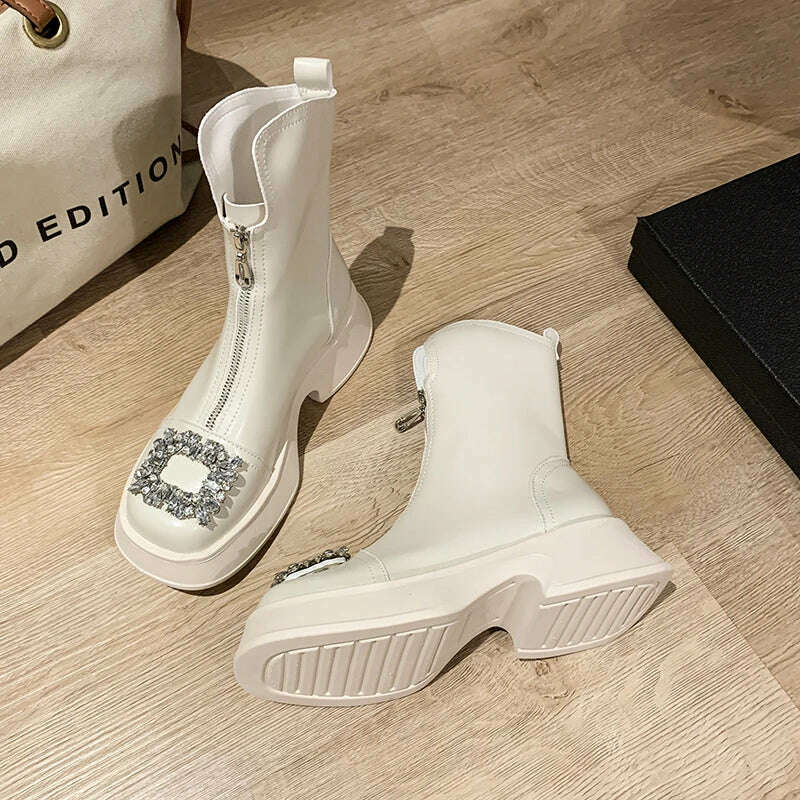 KIMLUD, Chunky Crystal Zipper Chelsea Boots Women Shoes 2023 New Winter Designer Fashion Ankle Boots Snow Punk Goth Gladiator Lady Shoes, KIMLUD Womens Clothes