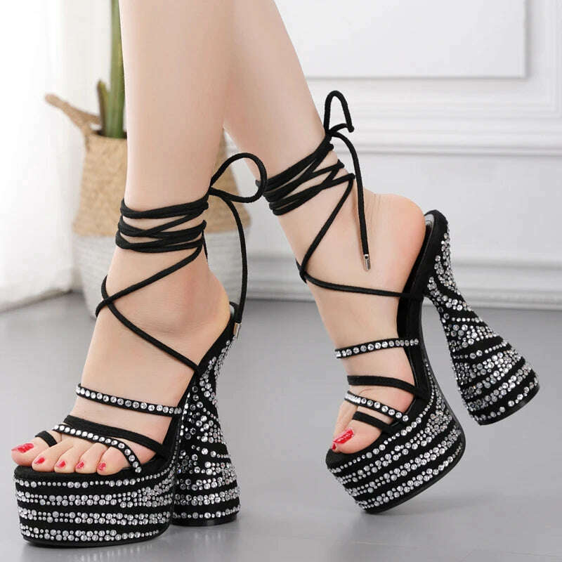 KIMLUD, Chunky Heels Sandals Crystal Rhinestone Design High Heels Fashion Peep Toe Ankle Cross Lace-Up Platform Shoes for Women Stripper, KIMLUD Womens Clothes