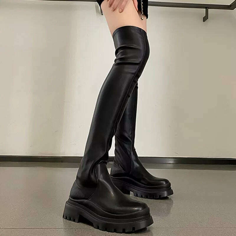 Chunky Platform Black Long Boots Women 2022 Autumn PU Leather Over The Knee Boots Woman Slip on Thick Bottom Motorcycle Shoes - KIMLUD