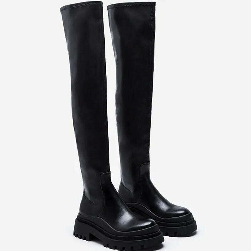 KIMLUD, Chunky Platform Black Long Boots Women 2022 Autumn PU Leather Over The Knee Boots Woman Slip on Thick Bottom Motorcycle Shoes, Black / 35, KIMLUD Women's Clothes