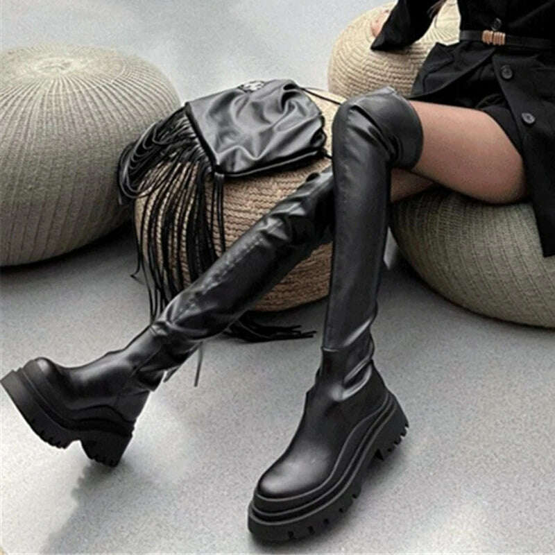 KIMLUD, Chunky Platform Black Long Boots Women 2022 Autumn PU Leather Over The Knee Boots Woman Slip on Thick Bottom Motorcycle Shoes, KIMLUD Womens Clothes