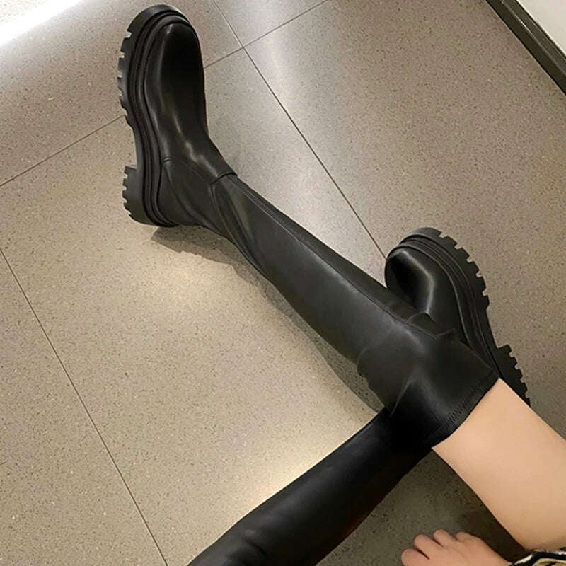 KIMLUD, Chunky Platform Black Long Boots Women 2022 Autumn PU Leather Over The Knee Boots Woman Slip on Thick Bottom Motorcycle Shoes, KIMLUD Womens Clothes