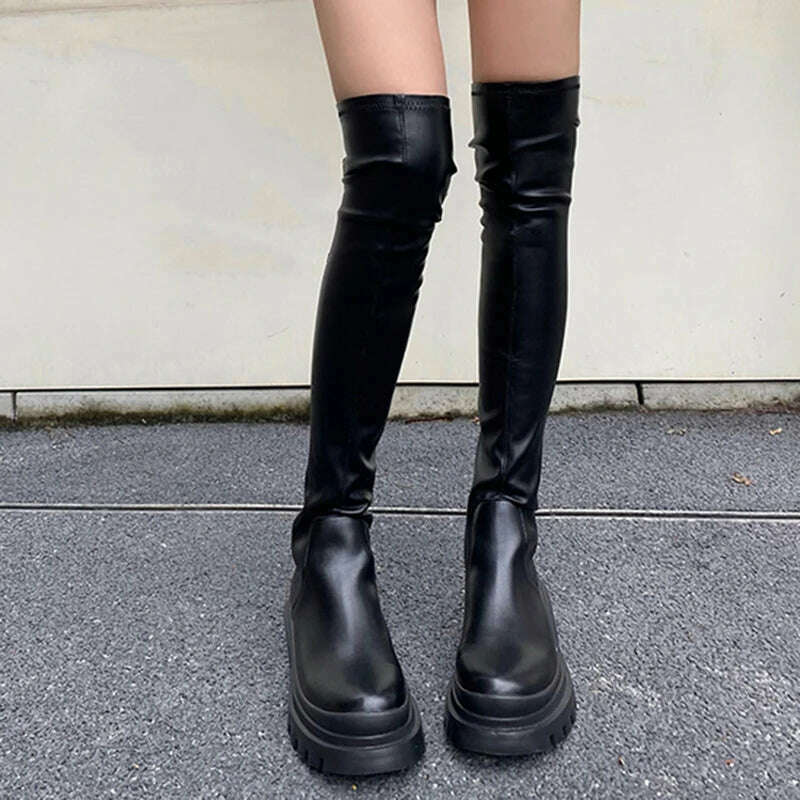 KIMLUD, Chunky Platform Black Long Boots Women 2022 Autumn PU Leather Over The Knee Boots Woman Slip on Thick Bottom Motorcycle Shoes, KIMLUD Women's Clothes