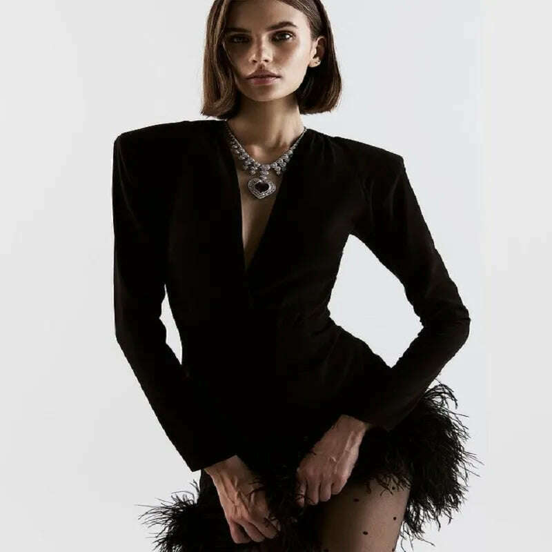 CIEMIILI Mini Bandage Dress Long Sleeve Deep V Neck Feather Decorate Sexy Elegant Celebrity Nightclub Runway Party Dresses - KIMLUD