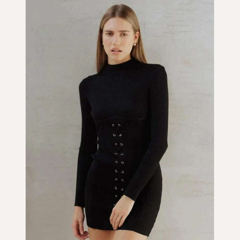 KIMLUD, Clacive Bodycon Black Knitted Women'S Dress 2024 Fashion Stand Collar Long Sleeve Mini Dresses Elegant Slim Bandage Female Dress, black / S / CHINA, KIMLUD Womens Clothes