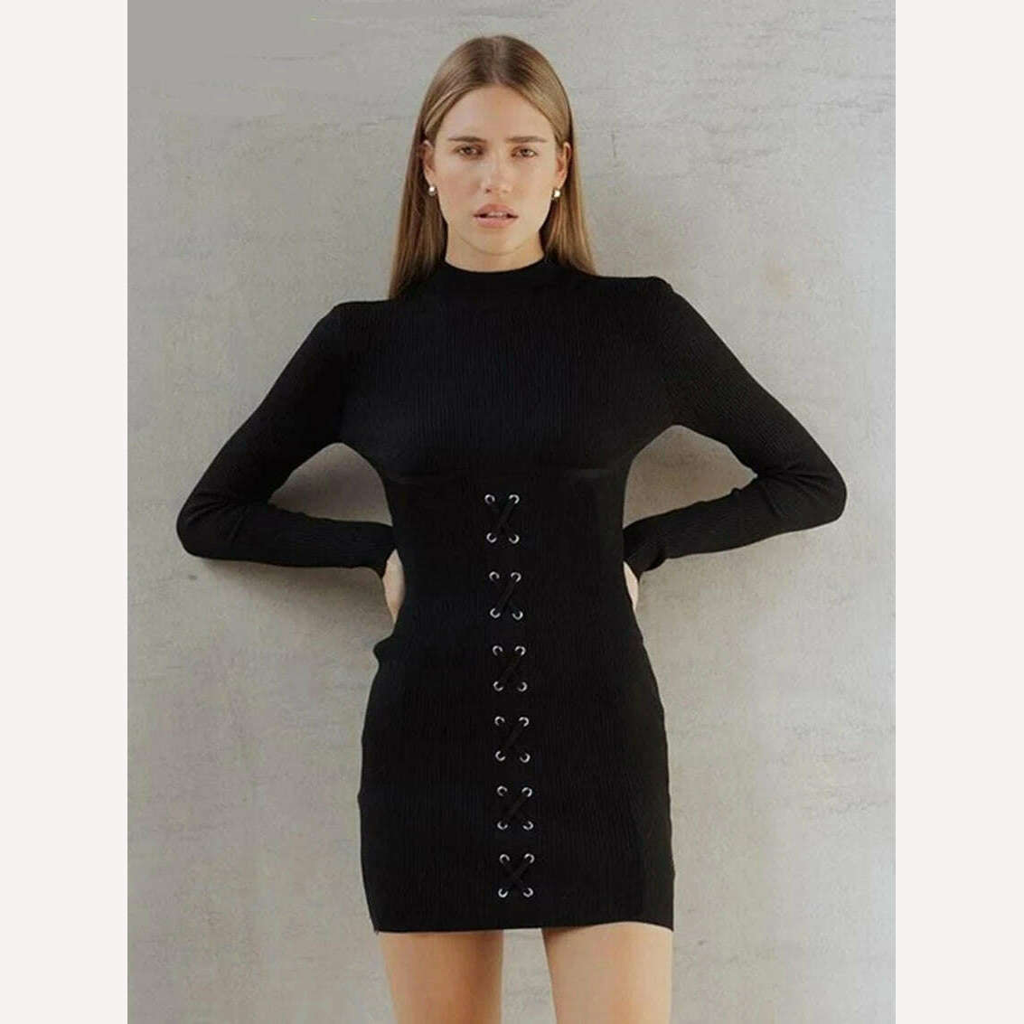 KIMLUD, Clacive Bodycon Black Knitted Women'S Dress 2024 Fashion Stand Collar Long Sleeve Mini Dresses Elegant Slim Bandage Female Dress, KIMLUD Women's Clothes