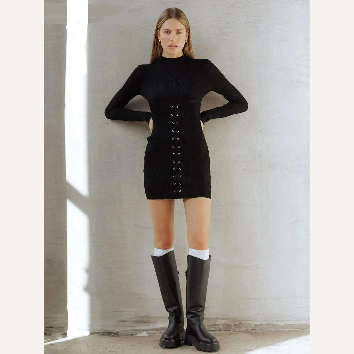 KIMLUD, Clacive Bodycon Black Knitted Women'S Dress 2024 Fashion Stand Collar Long Sleeve Mini Dresses Elegant Slim Bandage Female Dress, KIMLUD Womens Clothes