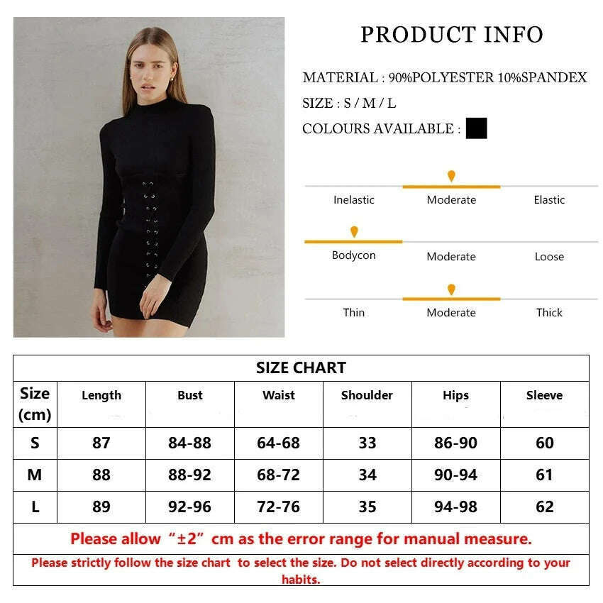 KIMLUD, Clacive Bodycon Black Knitted Women'S Dress 2024 Fashion Stand Collar Long Sleeve Mini Dresses Elegant Slim Bandage Female Dress, KIMLUD Womens Clothes