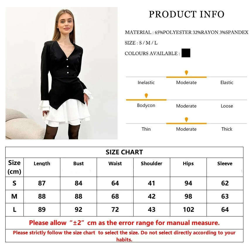 KIMLUD, Clacive Bodycon Black Women Dress 2024 Fashion V-Neck Long Sleeve Mini Dresses Elegant High Waist Patchwork Pleated Female Dress, KIMLUD Womens Clothes