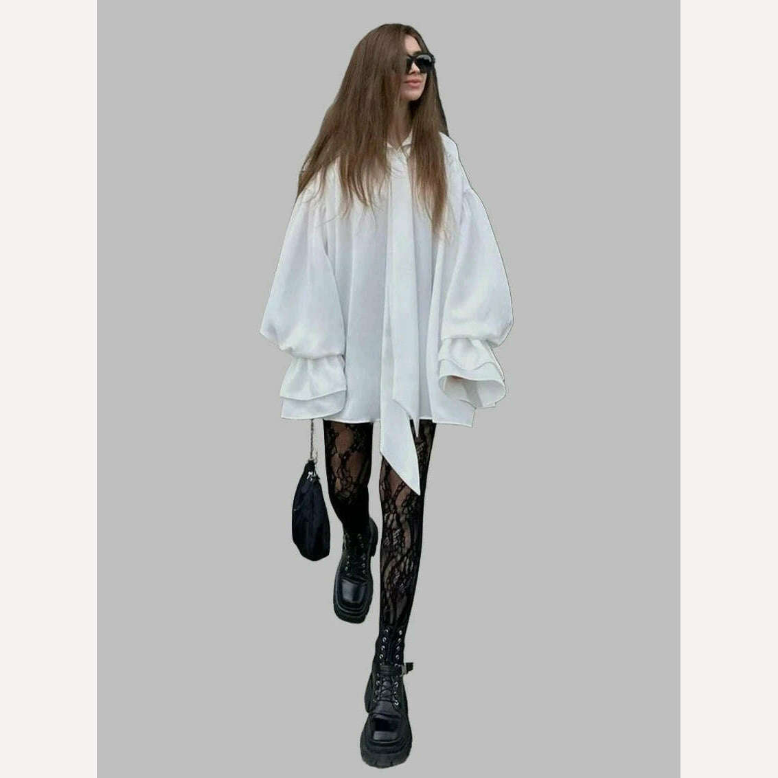 Clacive Casual Loose White Women'S Shirts 2024 Fashion Lapel Long Sleeve Office Blouses Elegant Lace-Up Ruffle Solid Top Female - KIMLUD
