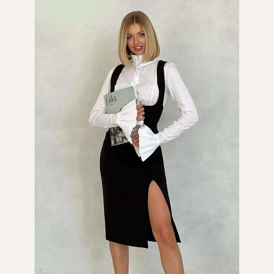 Clacive Fashion Loose Black 2 Piece Sets Women Outfit Bodycon Long Sleeve Shirt With Sleeveless Slit Midi Dress Set Streetwear - KIMLUD