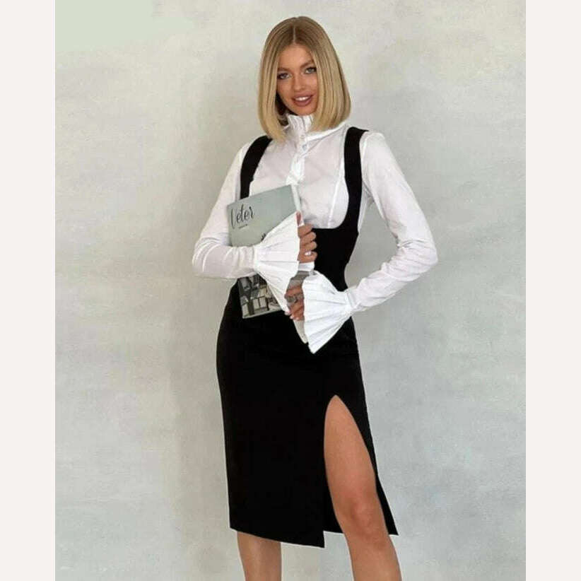Clacive Fashion Loose Black 2 Piece Sets Women Outfit Bodycon Long Sleeve Shirt With Sleeveless Slit Midi Dress Set Streetwear - KIMLUD