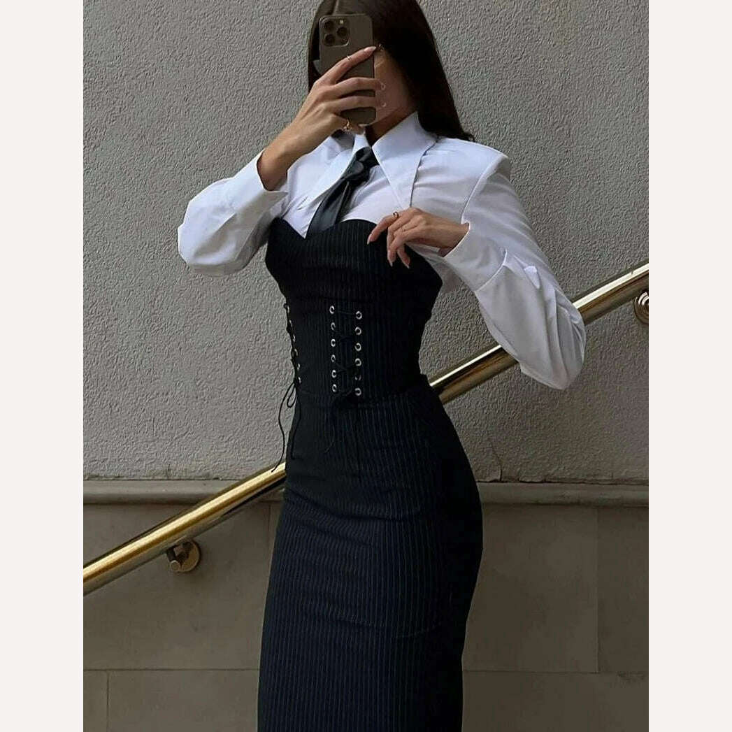 Clacive Fashion Slim Black 2 Piece Sets Women Outfit Elegant Long Sleeve Shirt With Strapless Bandage Midi Dress Set Streetwear - KIMLUD
