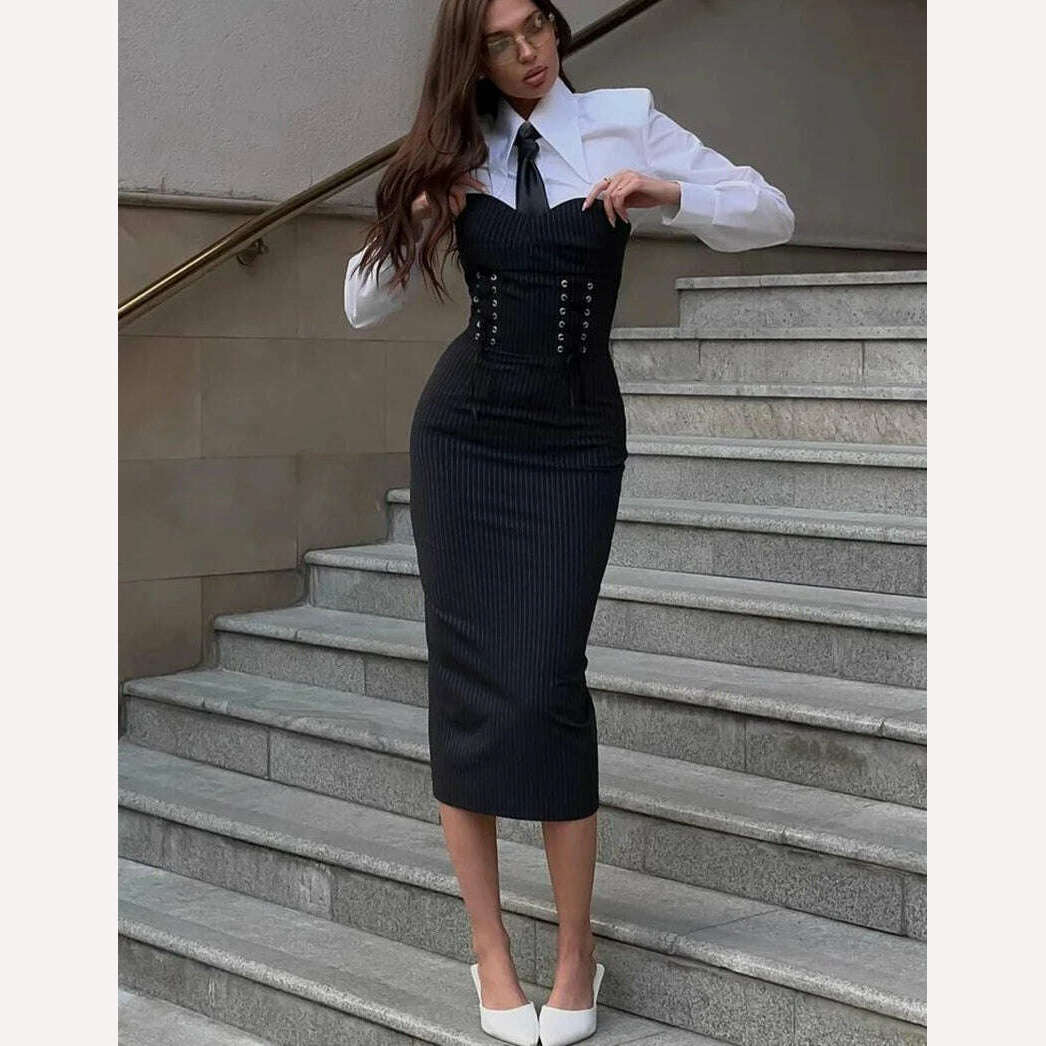 KIMLUD, Clacive Fashion Slim Black 2 Piece Sets Women Outfit Elegant Long Sleeve Shirt With Strapless Bandage Midi Dress Set Streetwear, KIMLUD Womens Clothes