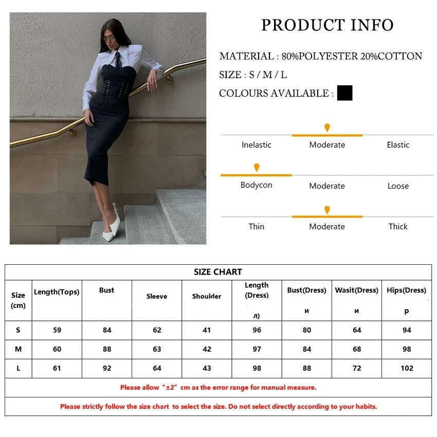 KIMLUD, Clacive Fashion Slim Black 2 Piece Sets Women Outfit Elegant Long Sleeve Shirt With Strapless Bandage Midi Dress Set Streetwear, KIMLUD Womens Clothes