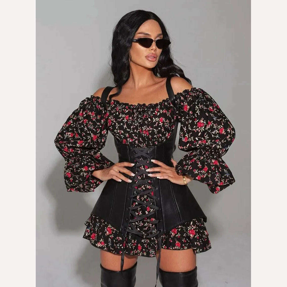 KIMLUD, Clacive Fashion Slim Print Womens Dresses 2023 Bodycon Slash Neck Long Sleeve Mini Dress Elegant Bandage Corset Female Dress, KIMLUD Womens Clothes