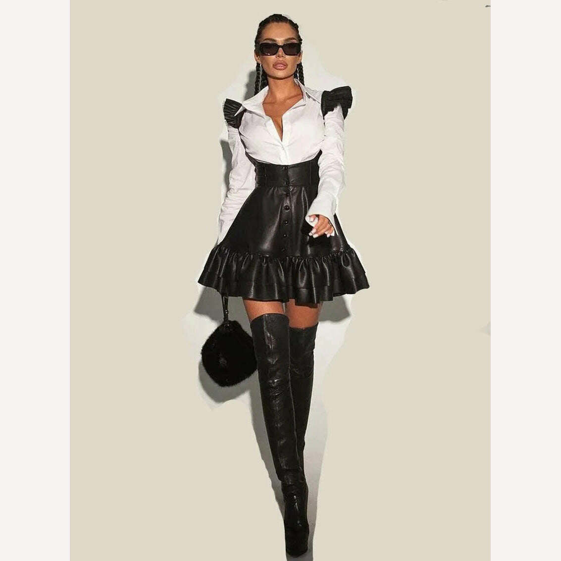 KIMLUD, Clacive Sexy Black Pu Leather Dress Sets For Women 2 Pieces Fashion Long Sleeve Shirt With High Waist Pleated Mini Dress Set, KIMLUD Womens Clothes