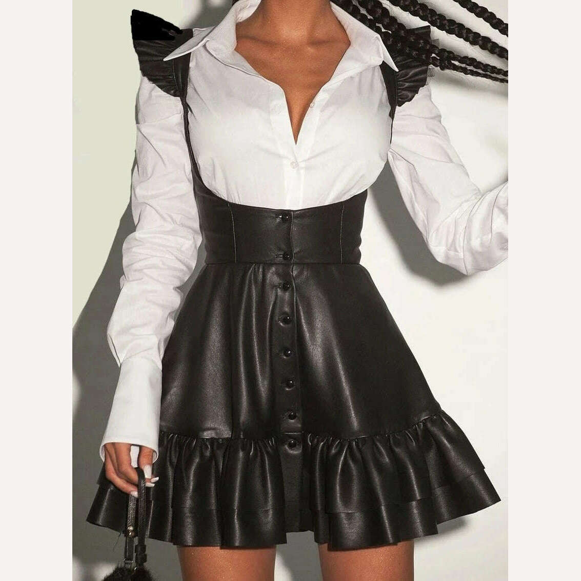 KIMLUD, Clacive Sexy Black Pu Leather Dress Sets For Women 2 Pieces Fashion Long Sleeve Shirt With High Waist Pleated Mini Dress Set, KIMLUD Womens Clothes