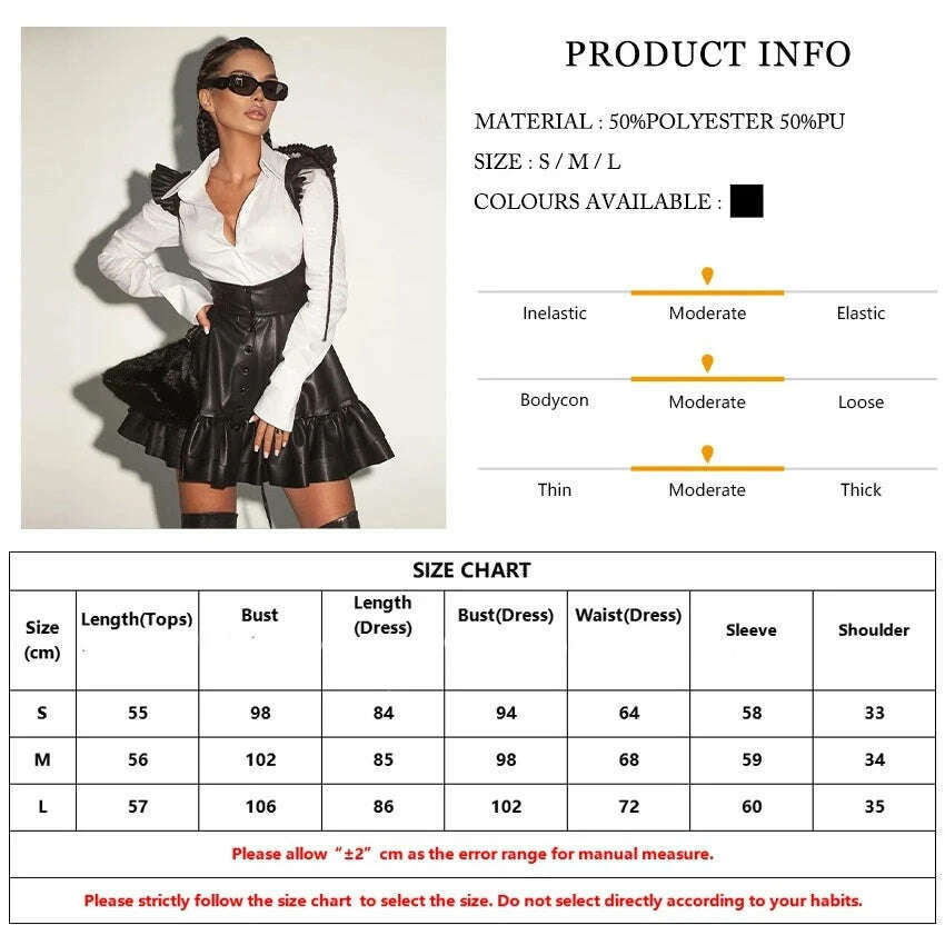 KIMLUD, Clacive Sexy Black Pu Leather Dress Sets For Women 2 Pieces Fashion Long Sleeve Shirt With High Waist Pleated Mini Dress Set, KIMLUD Women's Clothes