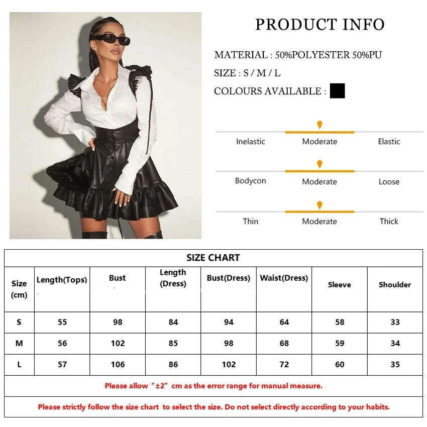 KIMLUD, Clacive Sexy Black Pu Leather Dress Sets For Women 2 Pieces Fashion Long Sleeve Shirt With High Waist Pleated Mini Dress Set, KIMLUD Womens Clothes