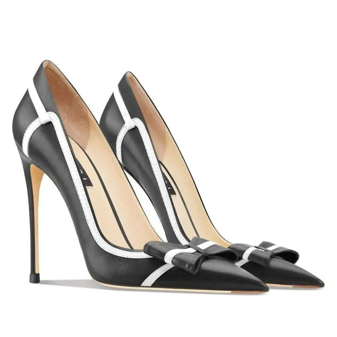 Classic Brand Genuine Leather Women's Mixed color bow High Heels Fashionable Pointed Pumps Comfortable Party Stiletto Shoes - KIMLUD