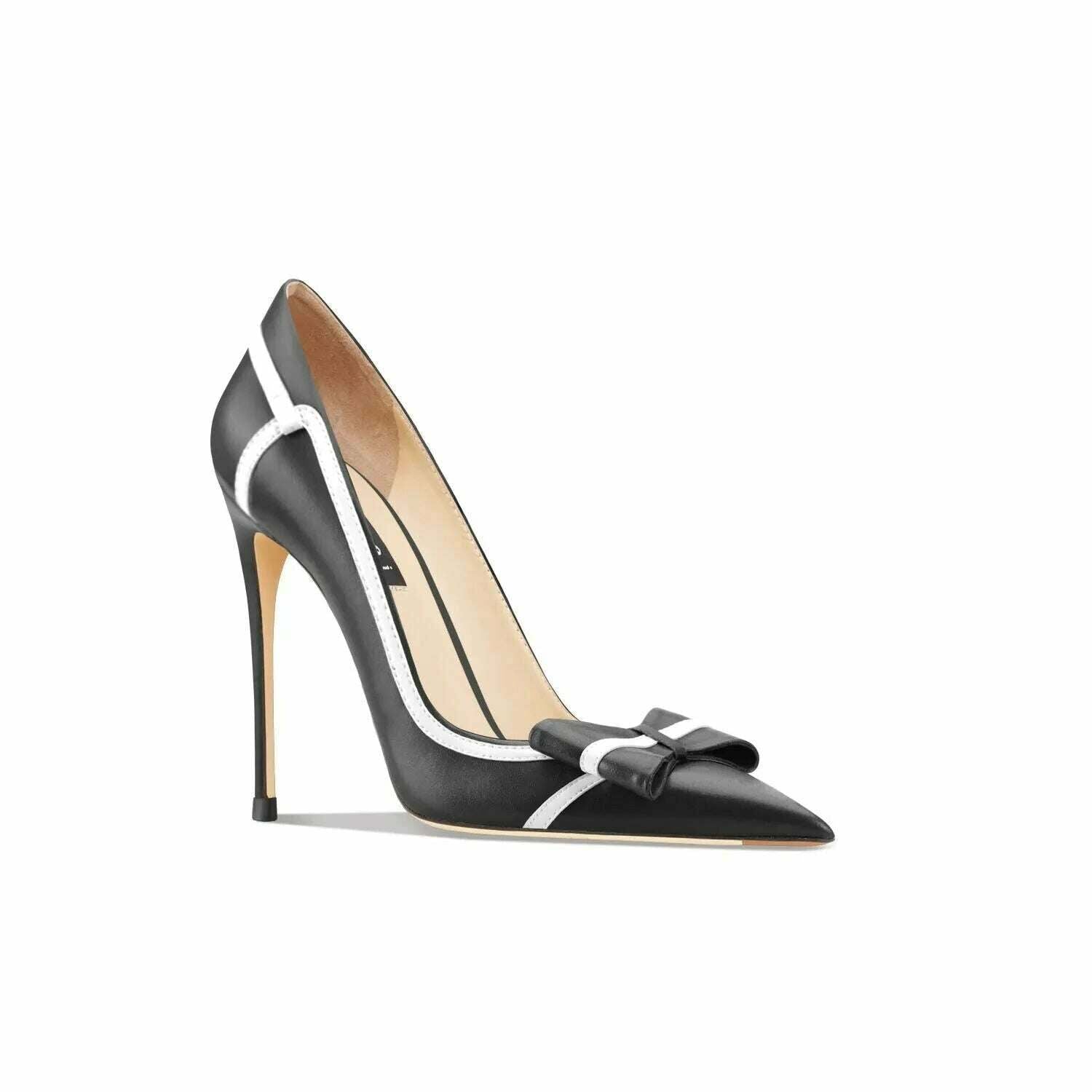 Classic Brand Genuine Leather Women's Mixed color bow High Heels Fashionable Pointed Pumps Comfortable Party Stiletto Shoes - KIMLUD