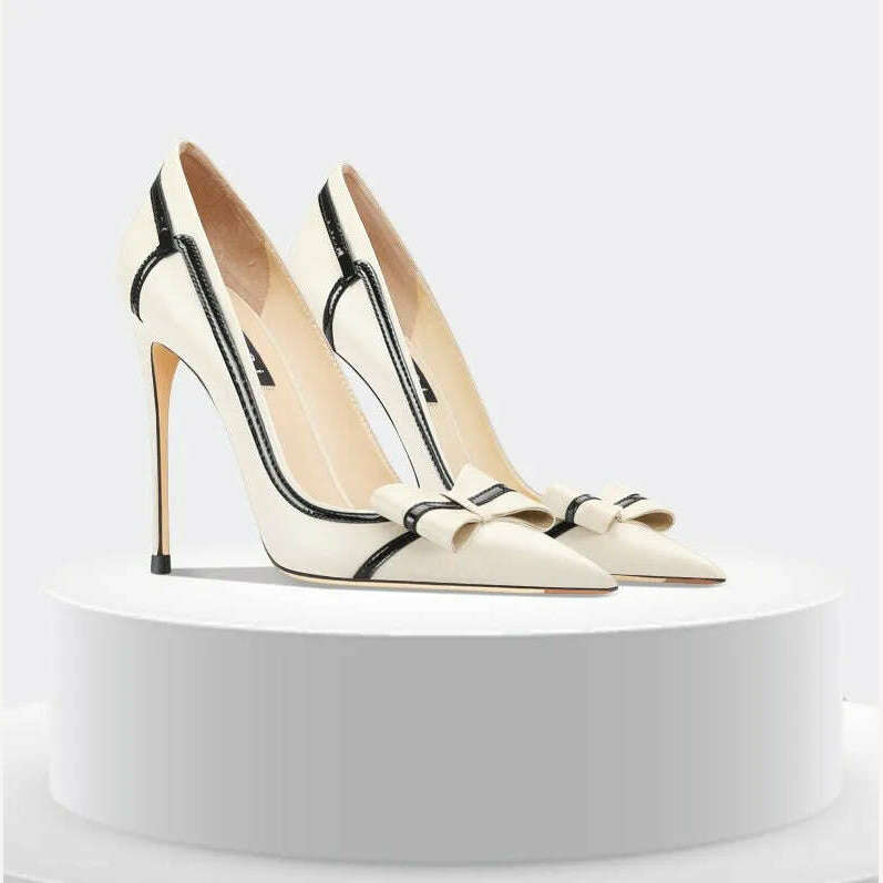 Classic Brand Genuine Leather Women's Mixed color bow High Heels Fashionable Pointed Pumps Comfortable Party Stiletto Shoes - KIMLUD