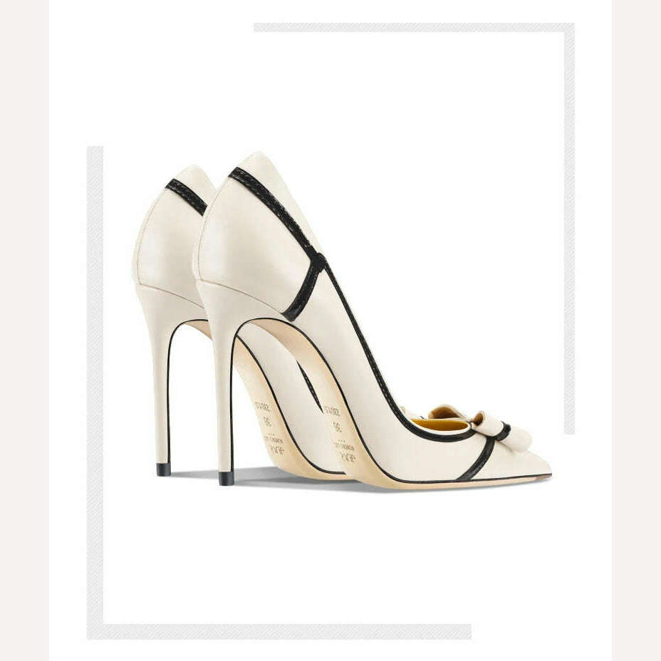 Classic Brand Genuine Leather Women's Mixed color bow High Heels Fashionable Pointed Pumps Comfortable Party Stiletto Shoes - KIMLUD