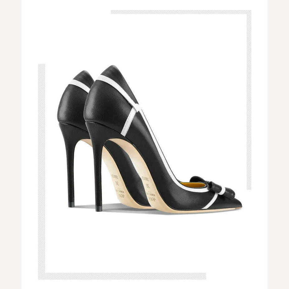 Classic Brand Genuine Leather Women's Mixed color bow High Heels Fashionable Pointed Pumps Comfortable Party Stiletto Shoes - KIMLUD