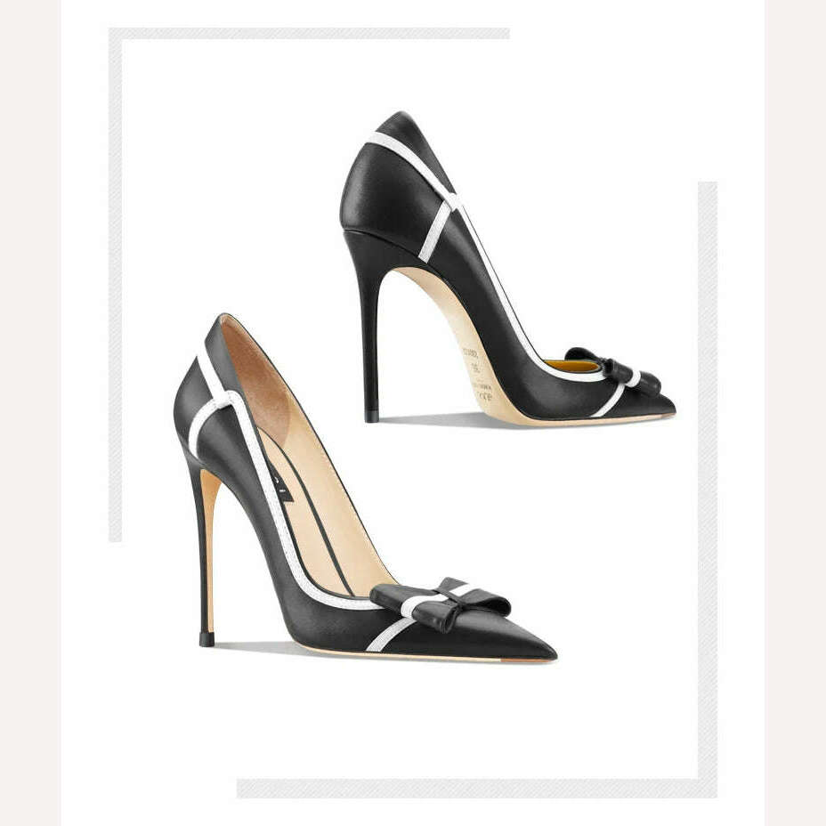 Classic Brand Genuine Leather Women's Mixed color bow High Heels Fashionable Pointed Pumps Comfortable Party Stiletto Shoes - KIMLUD