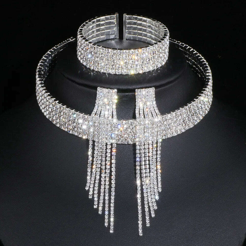Classic Elegant Tassel Crystal Bridal Jewelry Sets African Rhinestone Wedding Necklace Earrings Bracelet Sets WX081, KIMLUD Women's Clothes