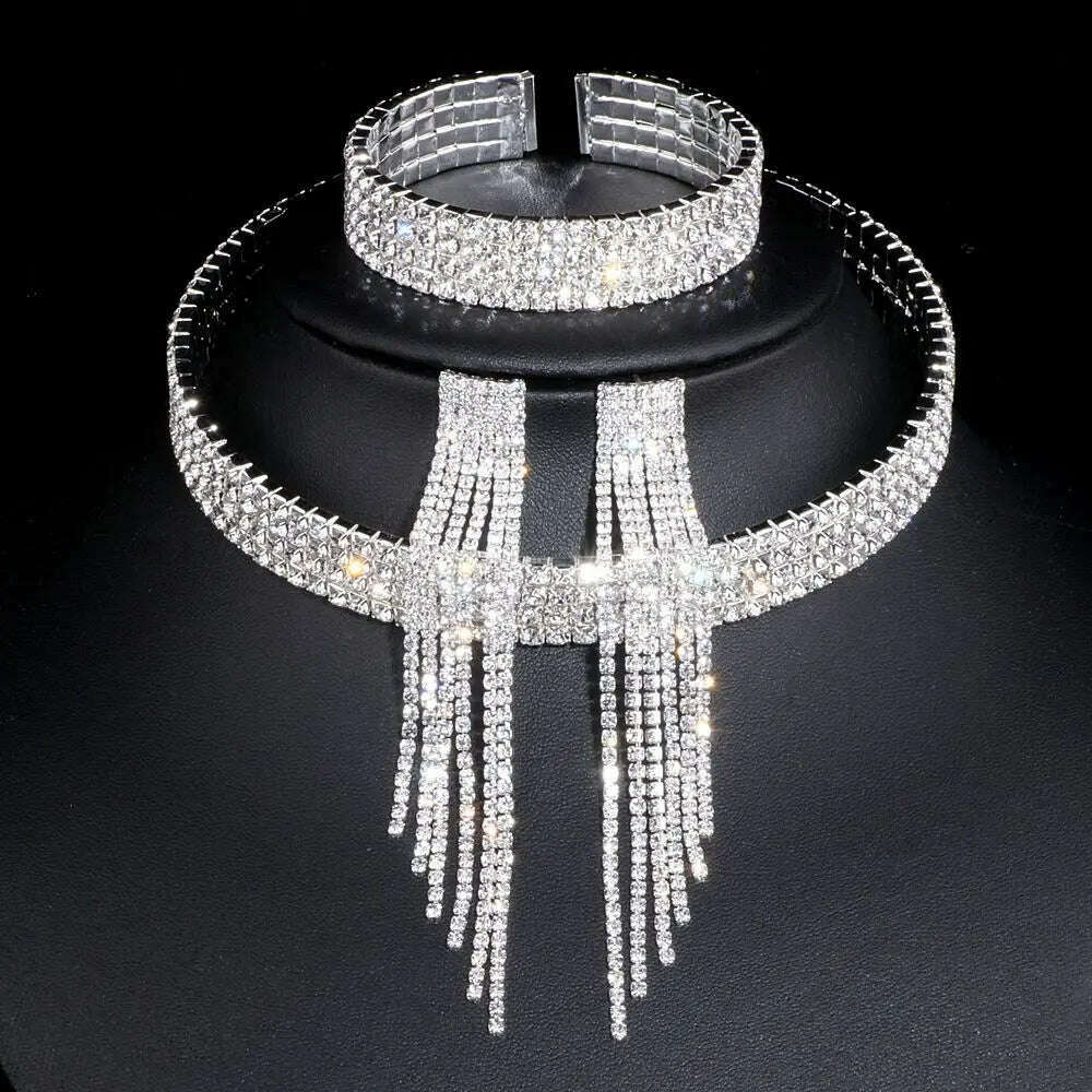 KIMLUD, Classic Elegant Tassel Crystal Bridal Jewelry Sets African Rhinestone Wedding Necklace Earrings Bracelet Sets WX081, 4 Lays with earrings, KIMLUD Women's Clothes