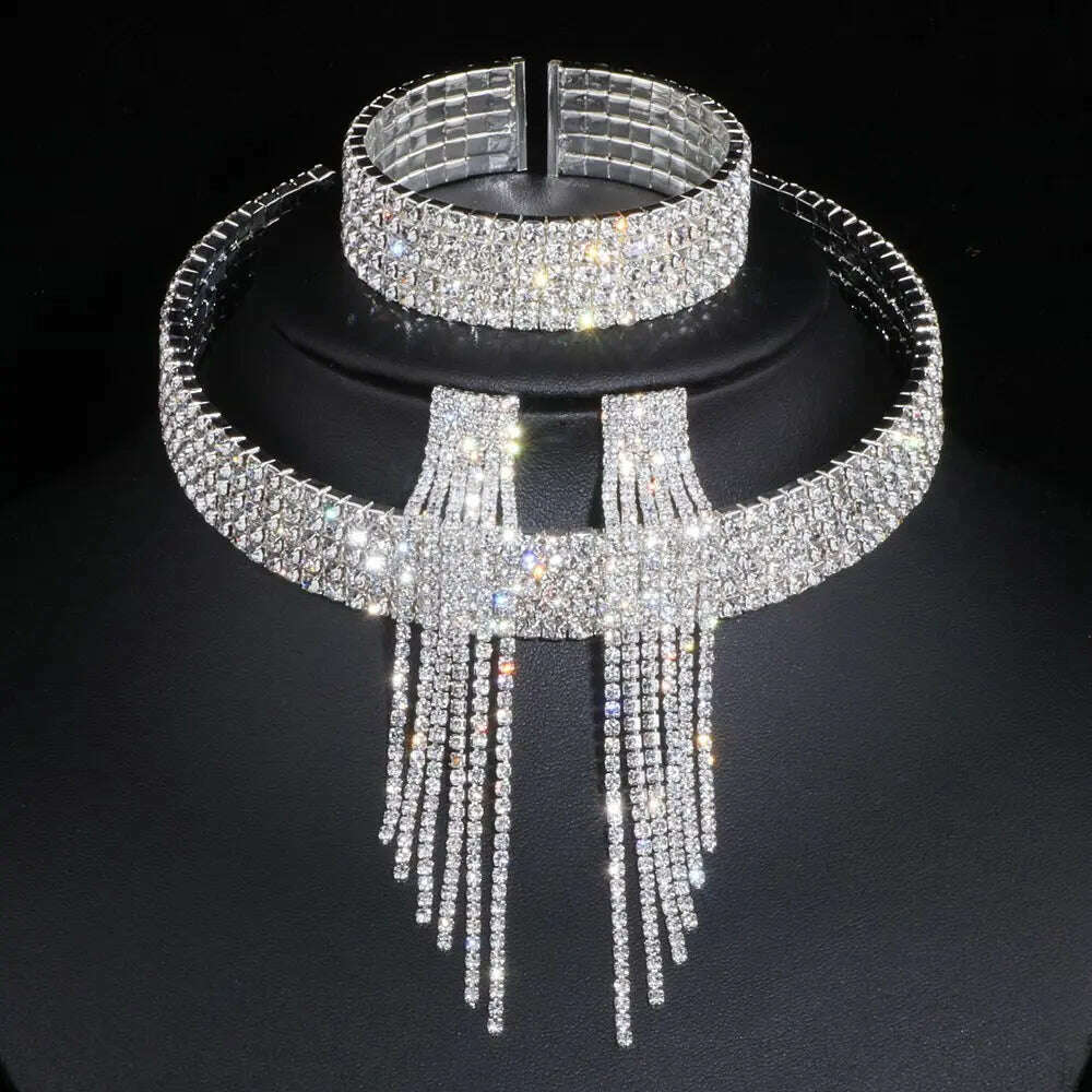 KIMLUD, Classic Elegant Tassel Crystal Bridal Jewelry Sets African Rhinestone Wedding Necklace Earrings Bracelet Sets WX081, 5 Lays with earrings, KIMLUD Women's Clothes